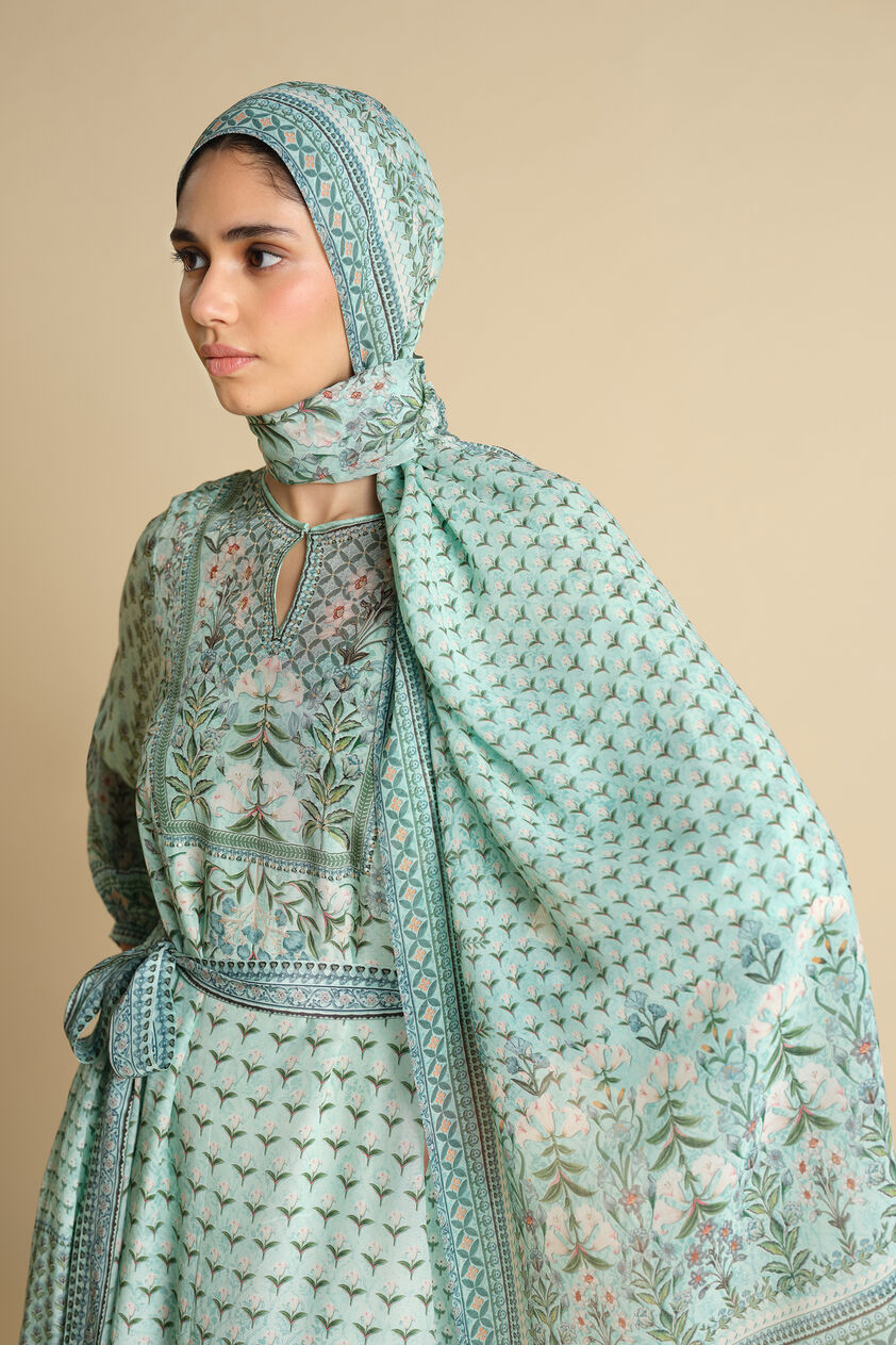 Azhaki Printed Stole - Aqua, Aqua, image 1